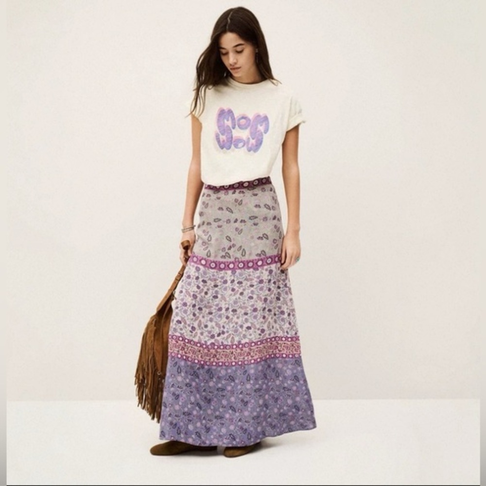 New ba&sh Boho Isais Purple and Blue Flared Maxi Skirt